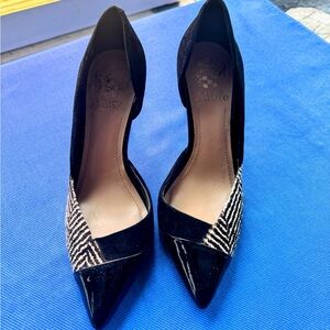 Vince Camuto black suede, zebra stripe, patent heels